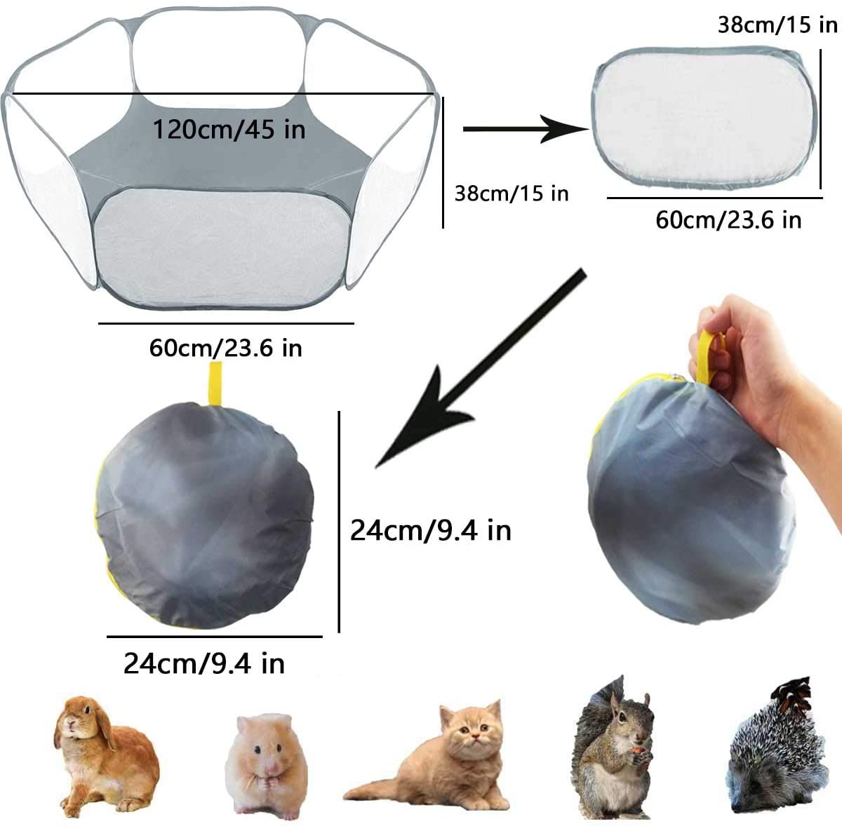 Gabraden Small Animals Tent,Reptiles Cage,Breathable Transparent Pet Playpen Pop Open Outdoor/Indoor Exercise Fence,Portable Yard Fence for Guinea Pig,Rabbits, Hamster,Chinchillas and Hedgehogs (Grey) - Grey,Transparent image number 4