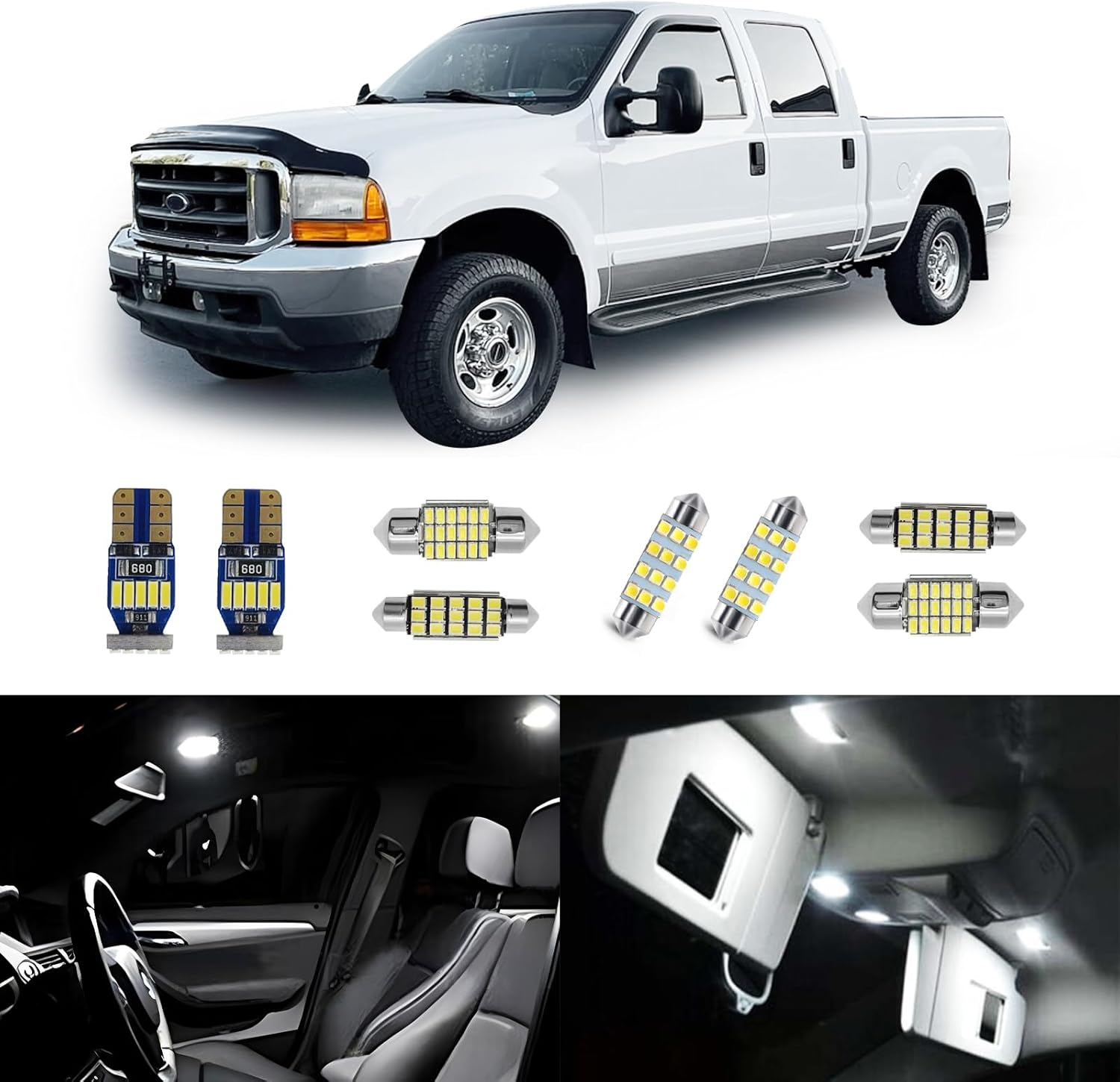 14 Pcs F250 F350 White Interior LED Lights Replacement Bulbs for 1999-2016 Ford F-250 F-350 Super Duty 6000K Interior LED Lighting Package, Map Lights+Dome Lights+Cargo Lights+License Plate Lights