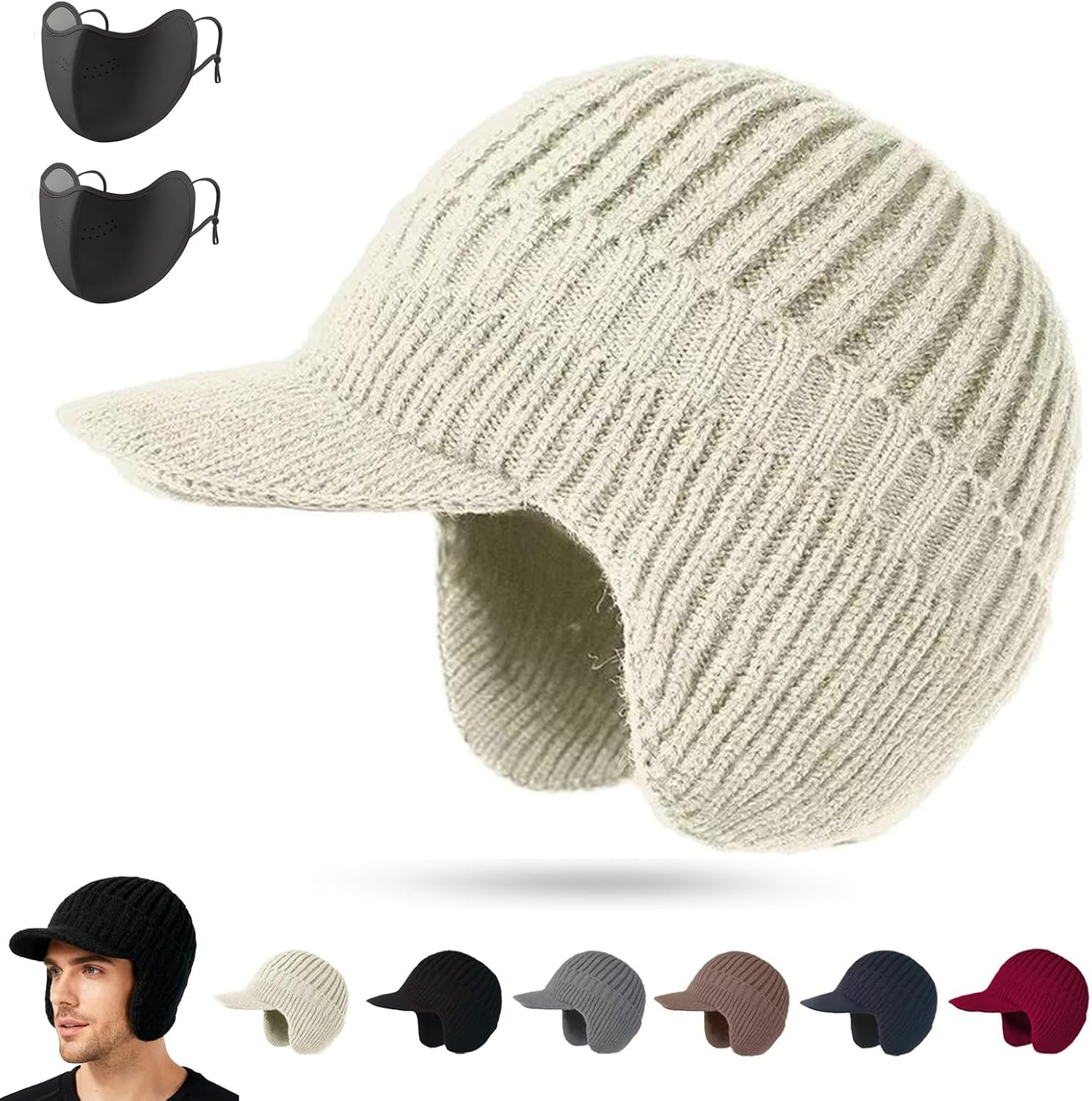 LAPQEND Cozy Head Beanie, 2026 New Winter Beanies Hat with Brim Ear Flaps, Warm Fleece Lined Knit Hat Unisex