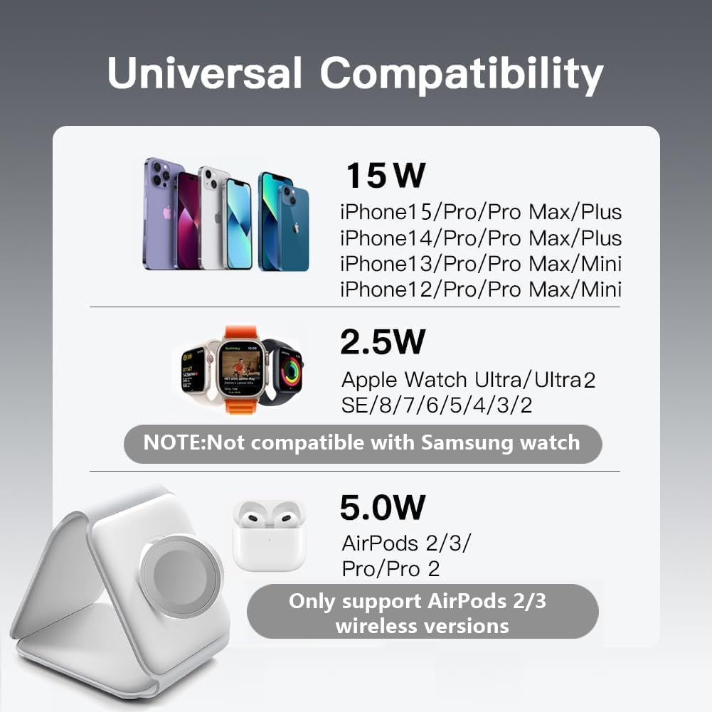 Wireless Charger 3 in 1, Magnetic Travel Wireless Charging Station Multiple Devices, 3 in 1 Charging Station,Compatible for Iphone16/15/14/13/Pro/Max,Iwatch,Airpods4/3/2/Pro(Adapter Includes)