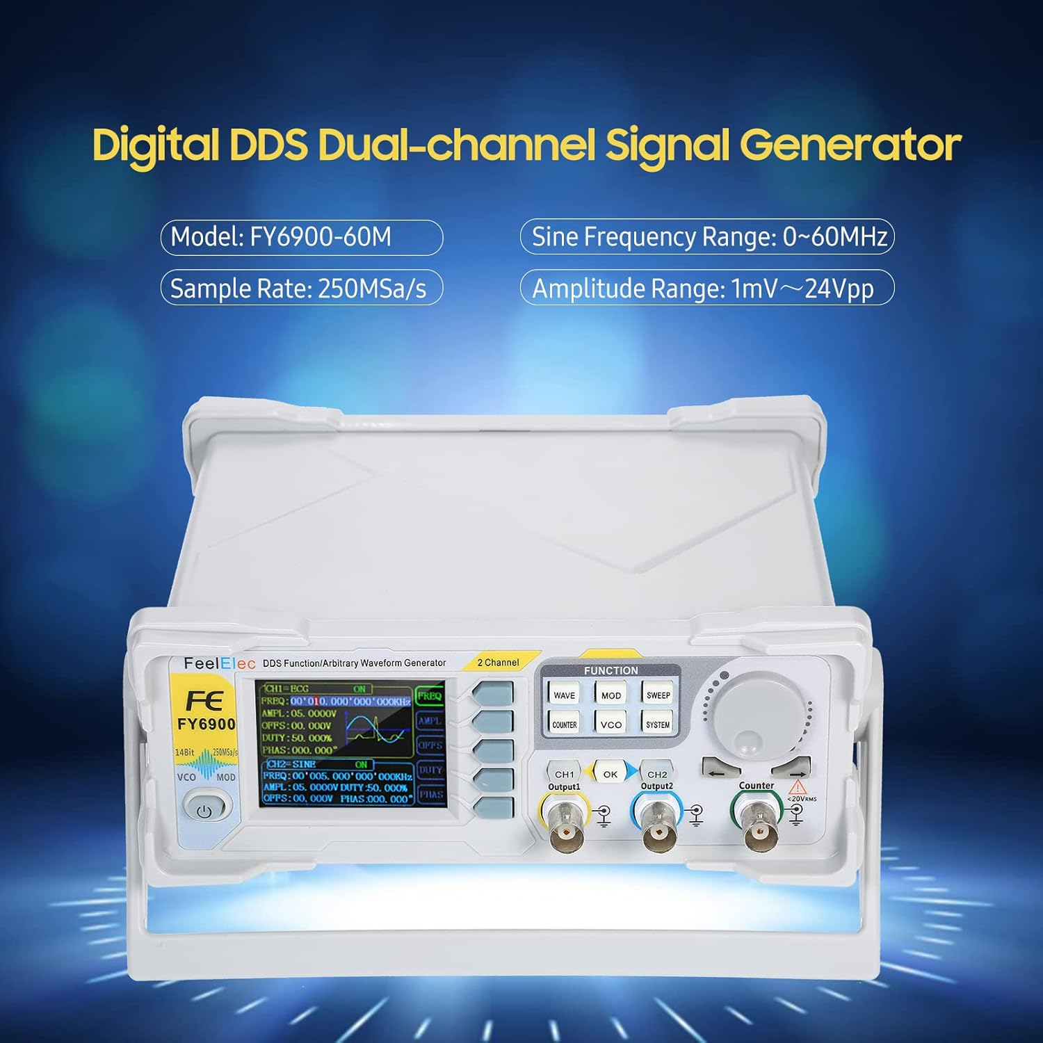 Mingzhe 60Mhz Function Signal Generator High Precision Digital DDS Dual-Channel Function Signal/Arbitrary Waveform Generator Pulse Signal Source 250Msa/S Frequency Meter VCO Burst AM/PM/FM/ASK/FSK/PSK image number 4