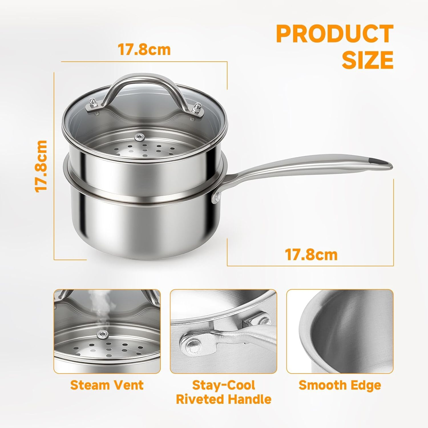 Shakico Stainless Steel Saucepan Pot - 1.5 Quart Tri-Ply Induction Cooking Pot with Vegetable Steamer Basket and Visible Lid, Saucepan Cookware, Sauce Pan for Boiling Milk, Pasta, Sauces, Grains image number 4