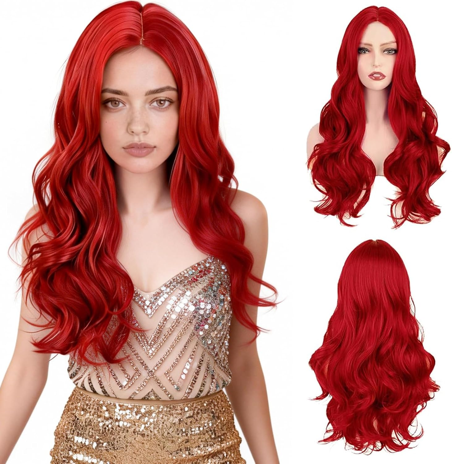 GYHWOFUL Red Wig Women'S Long - 60 Cm Wavy Middle Parting Synthetic Wig Women for Cosplay, Carnival, Halloween, Party & Daily Life, Natural Red Wig for Women image number 1