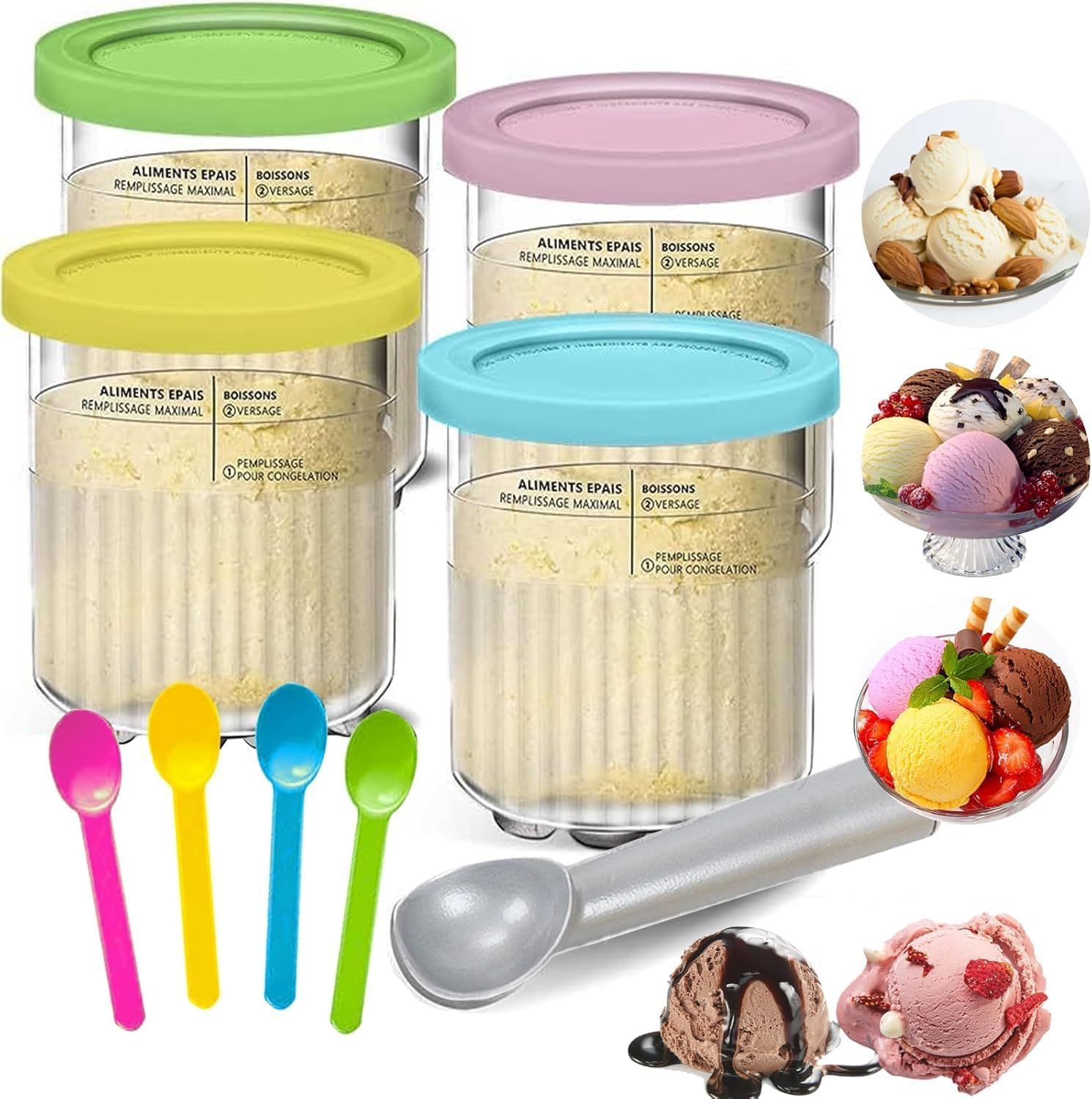 4 Pack Creami Pints and Lids for Ninja, for NC501 NC500 Creamy Icecream Containers Cups Jars Tubs Canisters Set, Smoothie Pot Compatible with NC501 NC500 Series Creamer Ice Cream Maker Machinease.