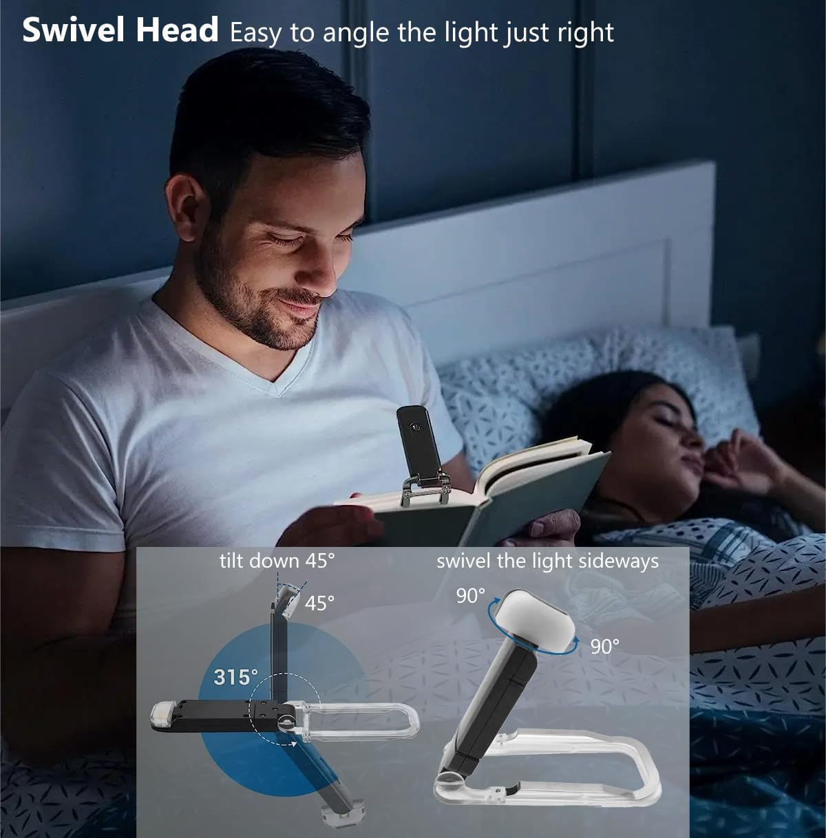 Reelau Book Light USB Rechargeable, Eye Protection Little Reading Light 3 Colours 4 Brightness, Sturdy Clip, Swivel Head for Angle, Long-Lasting Battery, Compact Size, Lightweight Portable Book Light
