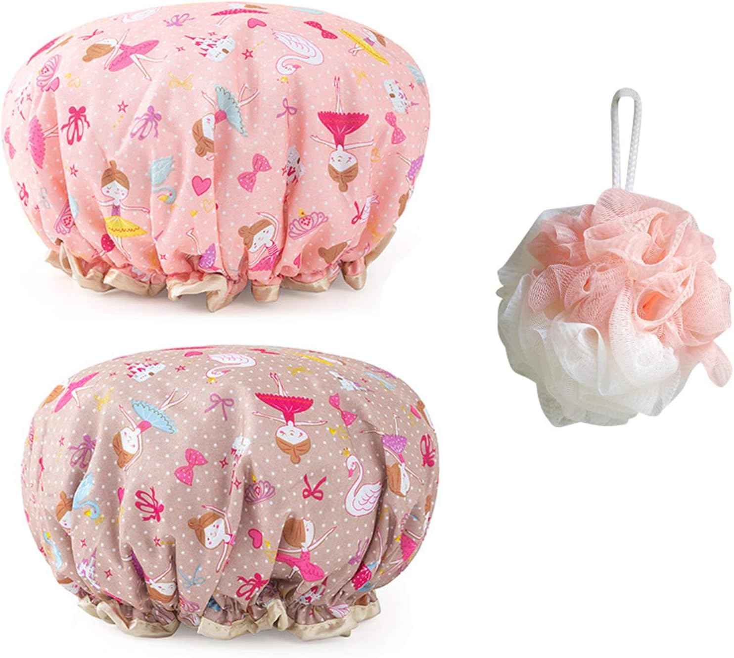 Useful Double-Layer Shower Cap Waterproof West in the Women'S Thickened Children'S Shower Head Cover Kitchen to Prevent Lampblack and Send Foam Ball (2 Pcs) Suitable for Ladies, Children and Girls, Tr image number 4