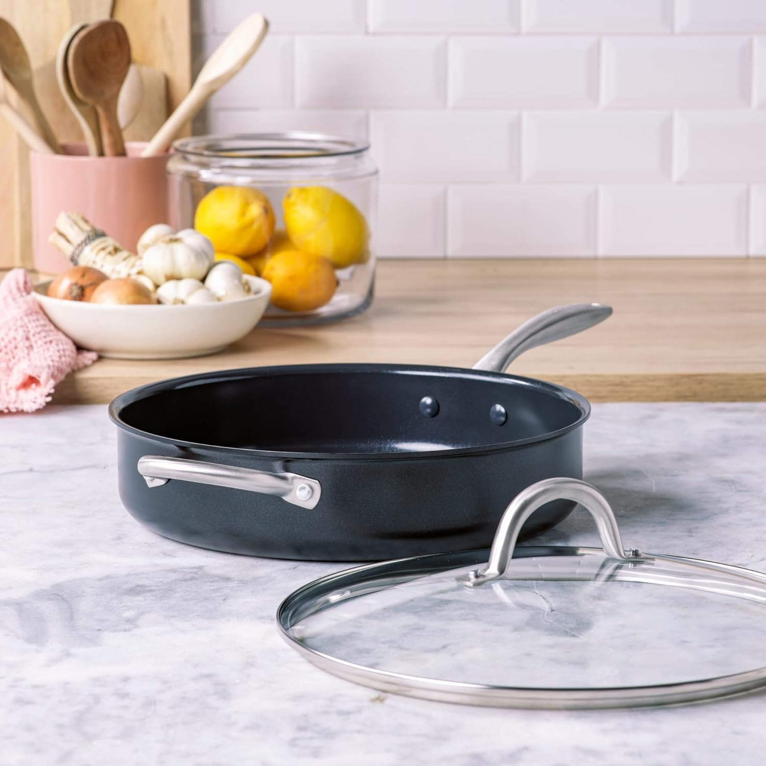 Greenpan Prime Midnight Hard Anodized Healthy Ceramic Nonstick 5QT Saute Pan Jumbo Cooker with Helper Handle and Lid, Pfas-Free, Dishwasher Safe, Oven Safe, Black image number 1