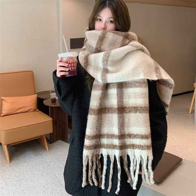 MININAI Womens Large Chunky Color Block Tassel Scarf Oversized Thick Scarves Long Shawl Fashion Winter Warm Blanket Scarf image number 2