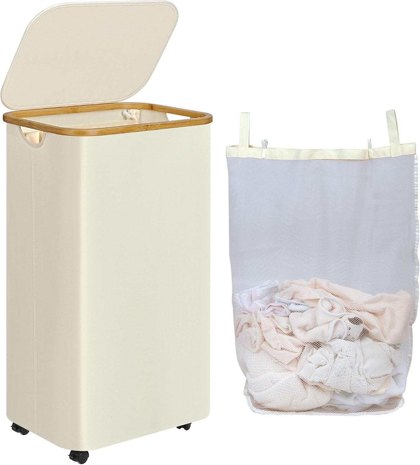 Iegrow Laundry Basket with Wheels 75 L, Laundry Hamper Slim with Removable and Washable Inner Bag, Laundry Baskets Laundry Baskets with Lid for Clothes, Toys, Towels (Beige)
