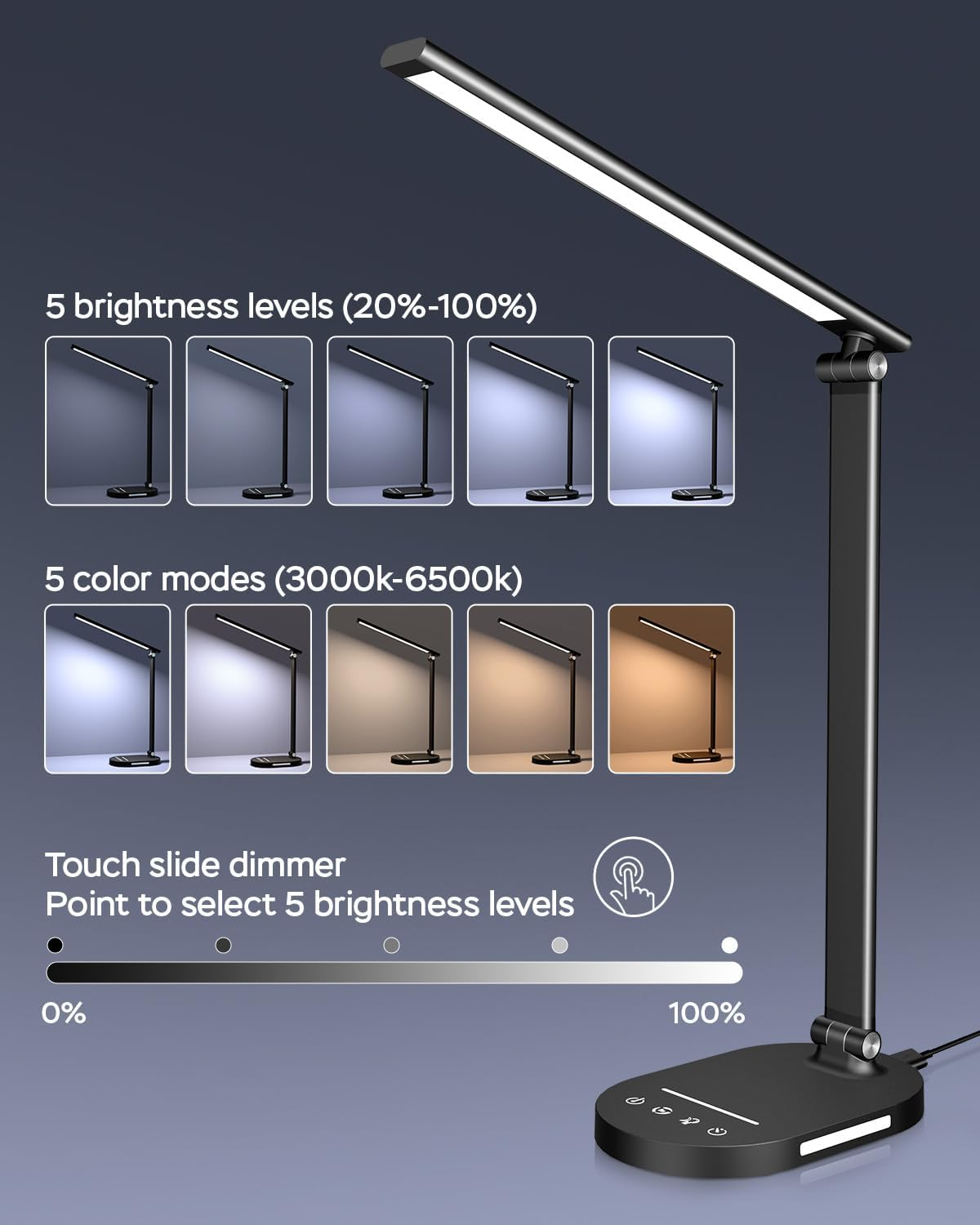 HASKARE Desk Lamp LED Dimmable Table Lamp, 5 Colour Modes and 5 Brightness Levels, Anti-Glare Eye Protection Desk Lamp, USB Charging Port, with 5V/2A Power Adapter