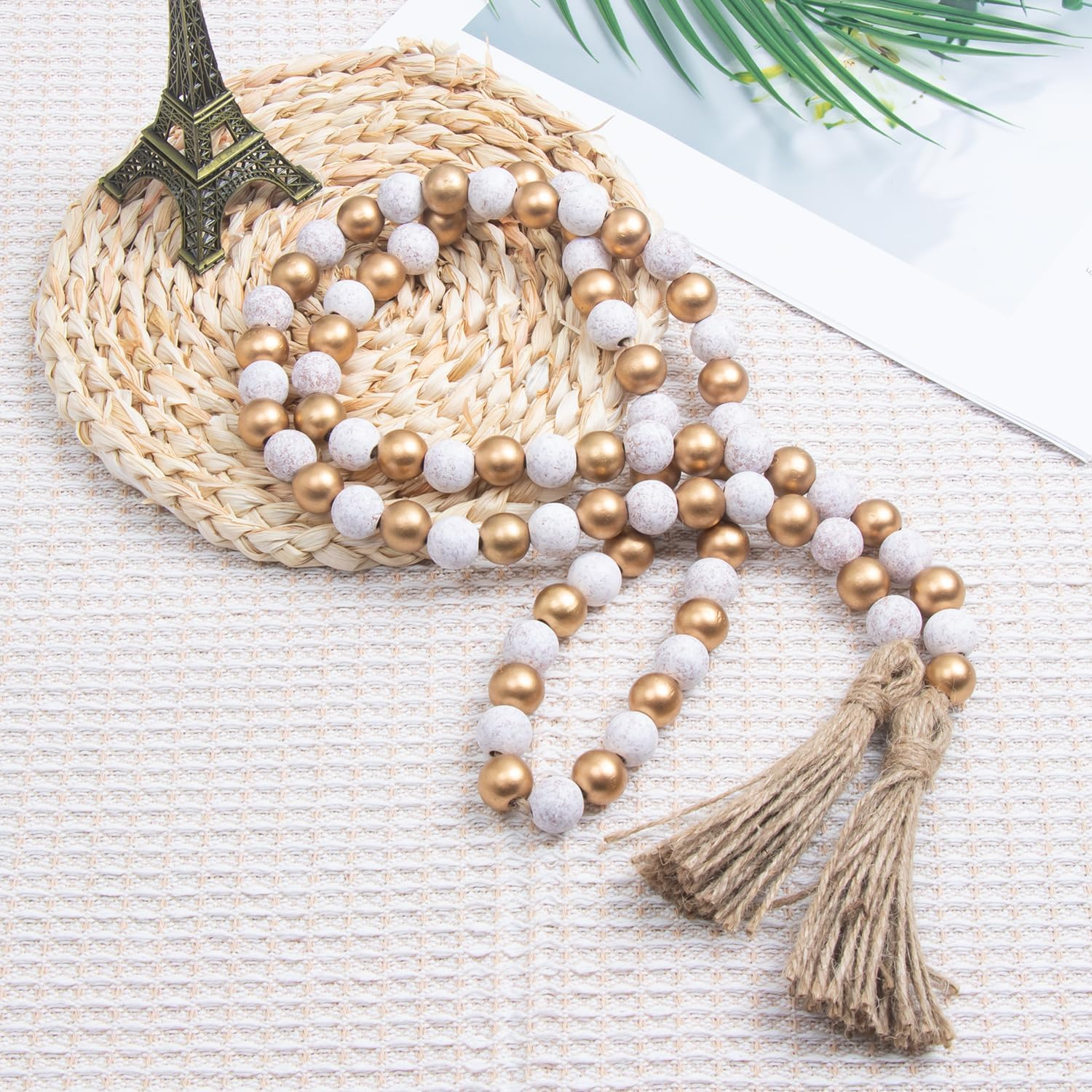 Wood Bead Garland with Tassels Home Decor Beads Prayer Beads Farmhouse Beads Wall Hanging Decor (143,Gold&Wash White) image number 4