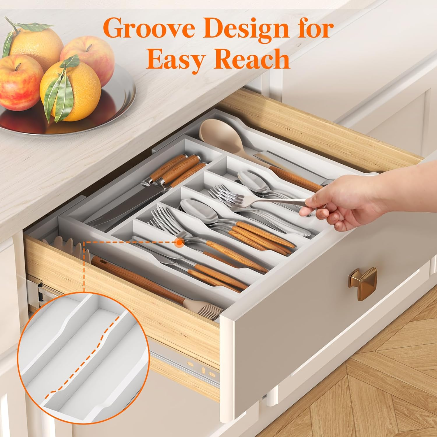 Lifewit Silverware Drawer Organizer, Expandable Utensil Tray for Kitchen, Bamboo Flatware and Cutlery Holder, Wood Adjustable Storage for Spoons Forks Knives, Large, White image number 6