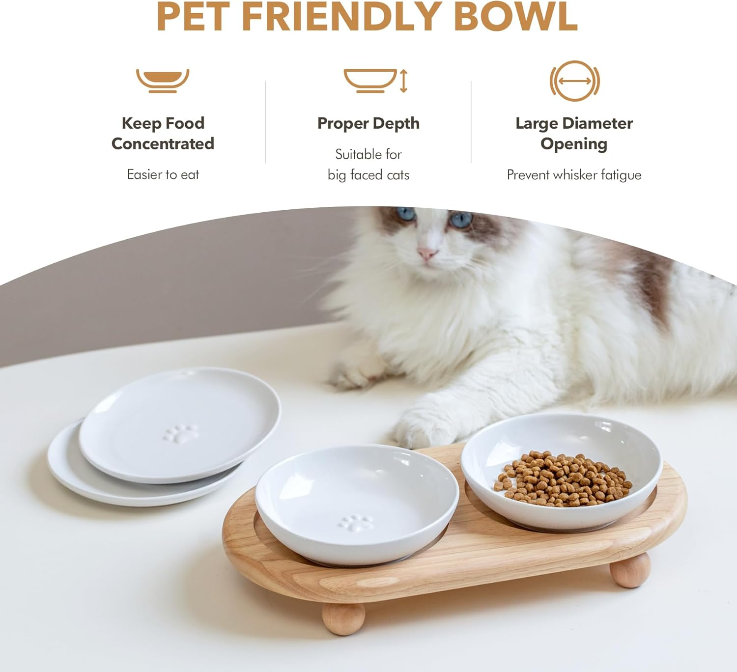 Havniva Raised Ceramics Wide Whisker Friendly Cat Dishes, Food& Water Bowl with 2 Style Stand Adjustable Anti-Choking Raised Pet Bowl Set, anti Whisker Fatigue(2Dish+2Shallow Dish+Stand, White image number 5