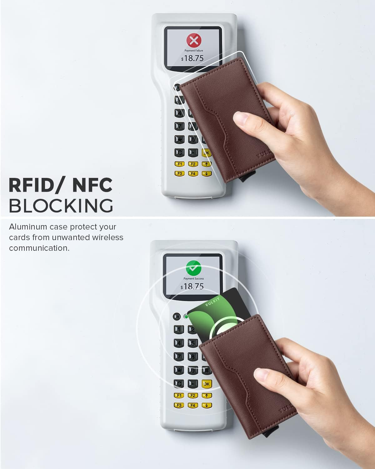 VULKIT Slim Pop up Wallet for Women Minimalist Credit Card Holder with Leather Slots Men'S Bifold RFID Blocking Metal Wallets(Dark Brown) - Cf Black image number 2