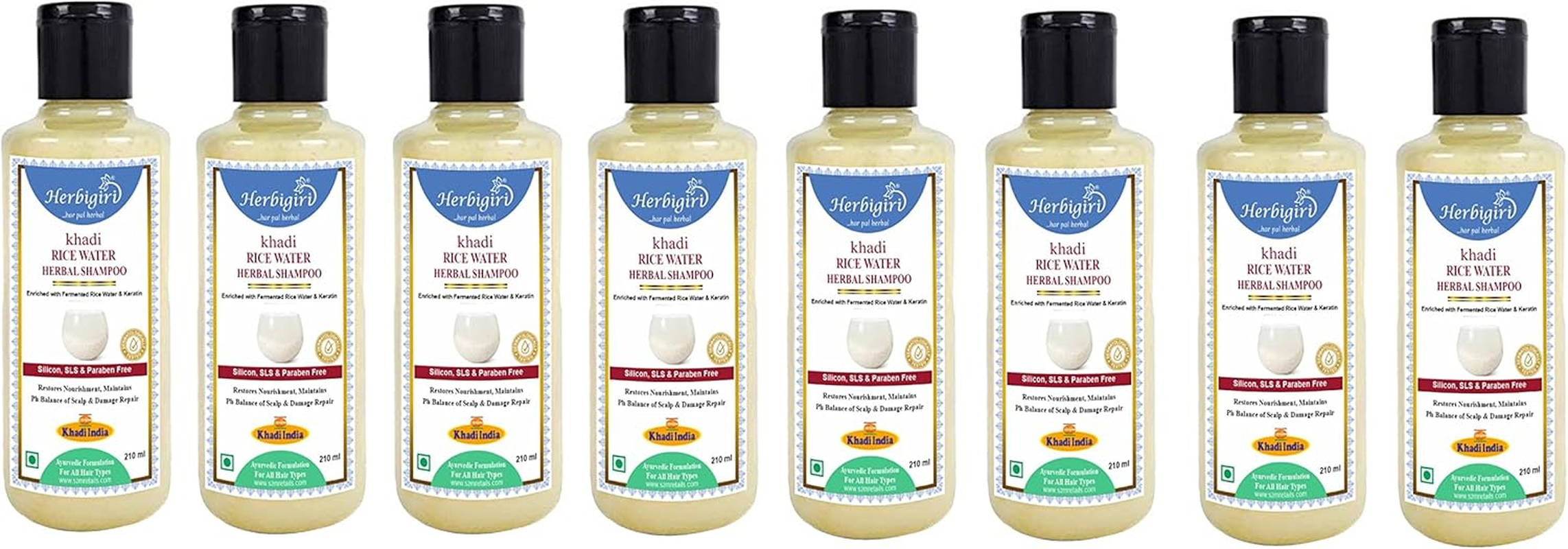Herbigiri Khadi Natural Rice Water Herbal Shampoo SLS FREE 210Ml Pack of 7 image number 1