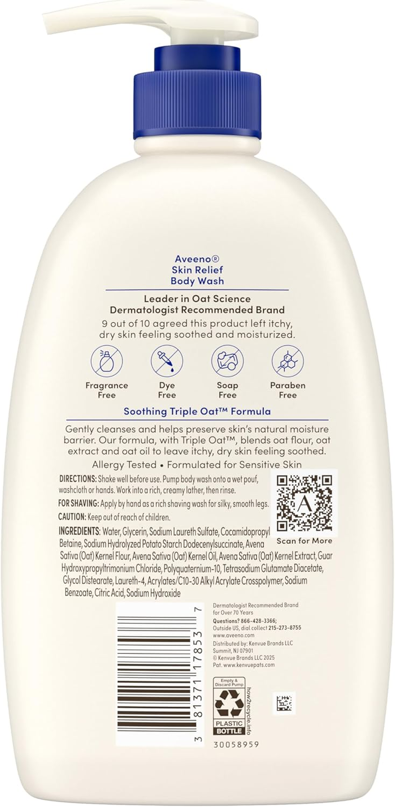Aveeno Skin Relief Fragrance-Free Body Wash with Triple Oat Formula Soothes Itchy, Dry Skin, Formulated for Sensitive Skin, Fragrance-, Paraben-, Dye- & Soap-Free, 33 Fl. Oz image number 5