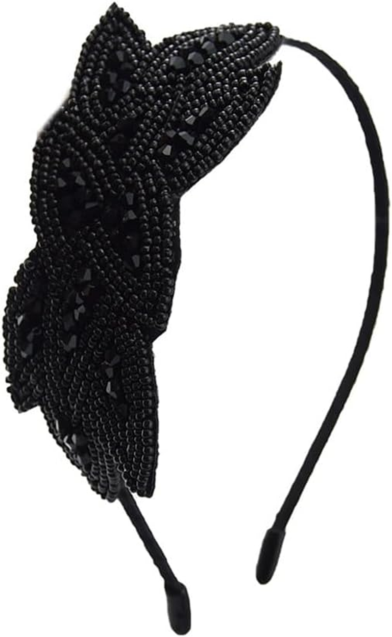 YALLNASL Vintage 1920S Flapper Headband for Women, Rhinestone Beaded, No Slip, 15'' Length, 1 Count (Pack of 1), Black and Gold with Rhinestone, Perfect for Themed Parties, Women, Girls