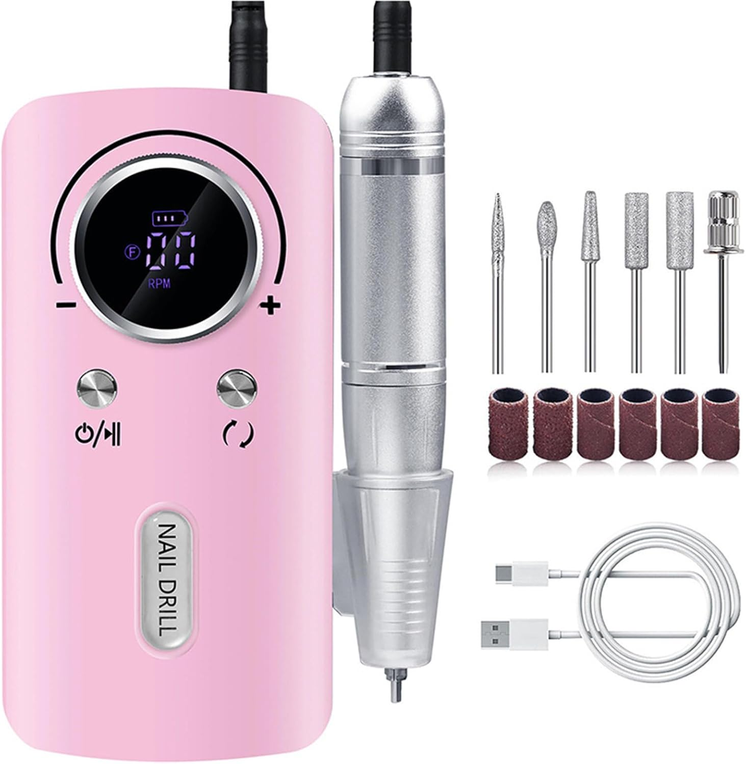 Bouzaak Professional Portable Nail Drill Kit - 45000 RPM Rechargeable Electric Nail File with 6 Bits, Cordless Low Noise for Acrylic Gel Nails, Manicure & Pedicure for Salon Home (White)