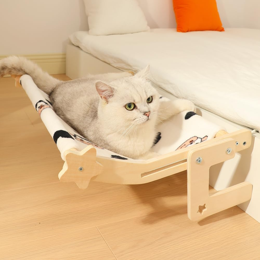 Cat Bedside Hammock and Window Perch, Cat Bed Attachment for Human Bed, Perfect for Indoor Cats Inside, Easy to Adjust and Attach to Windowsill & Bedside (Blue, L)