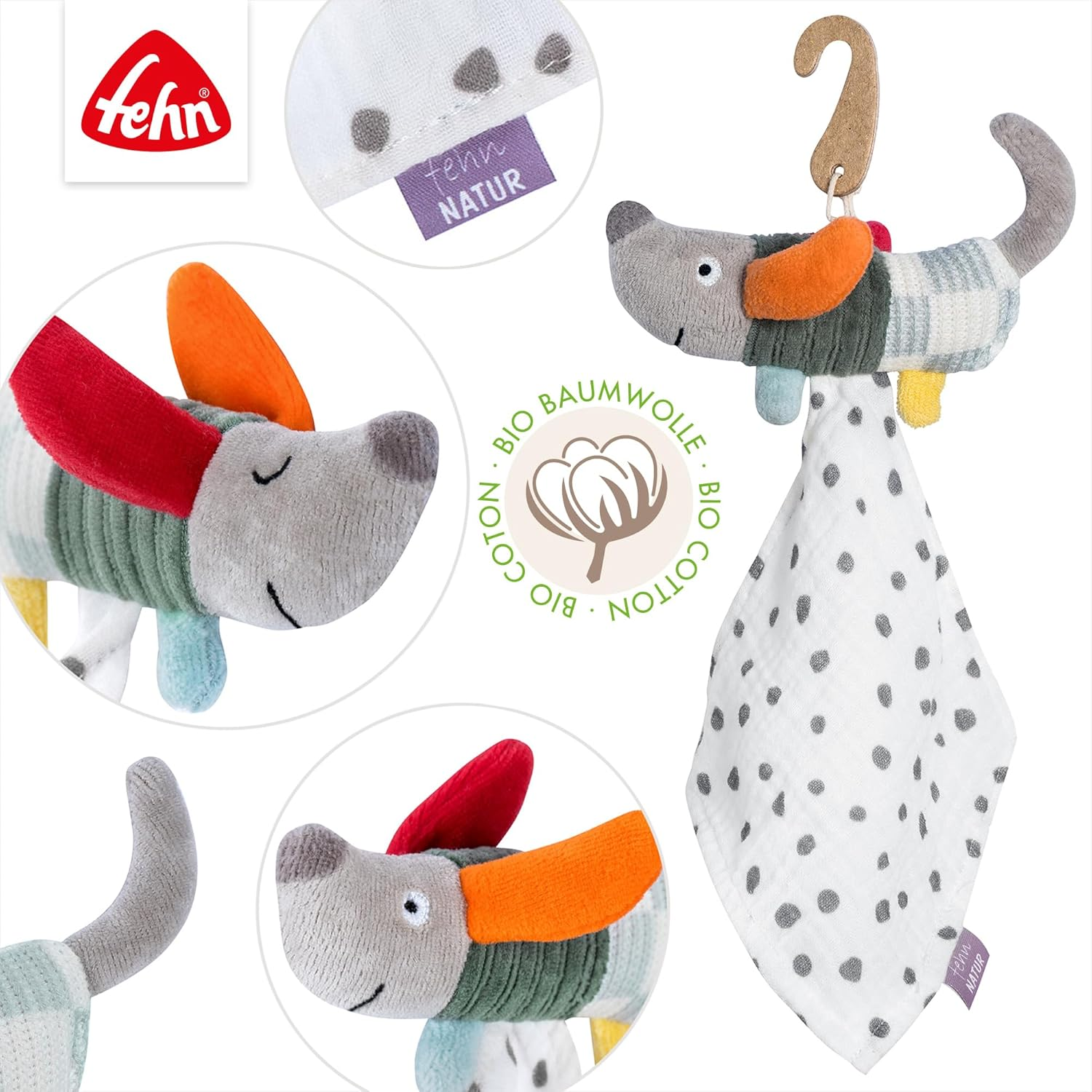 Fehn Mini Comforter Dog Natural - Mini Playmate & Stuffed Toy Cuddly Blanket with Organic Cotton from Organic Controlled Cultivation (KBA) - for Babies & Toddlers from 0+ Months image number 1