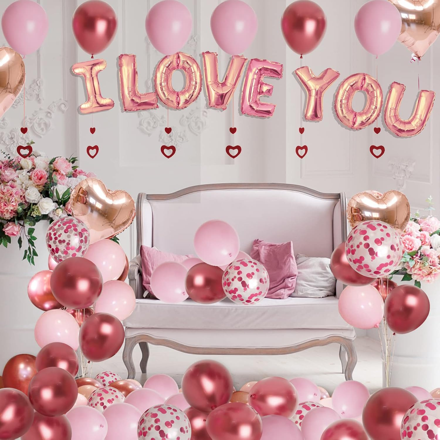 Bonropin Valentines Day Balloons Kit Rose Gold Pink Heart Balloons with Rose Petals I Love You Balloons for Anniversary Mothers Day Wedding Romantic Decorations Special Night image number 6