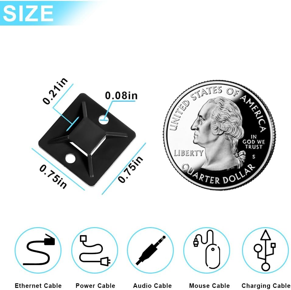 Zip Tie Mounts - Small Cable Tie Adhesive Mount, 3/4In Black 100PCS. Wires Zip Tie Adhesive-Backed Anchors for Pedal Board Cable Management Indoor image number 2