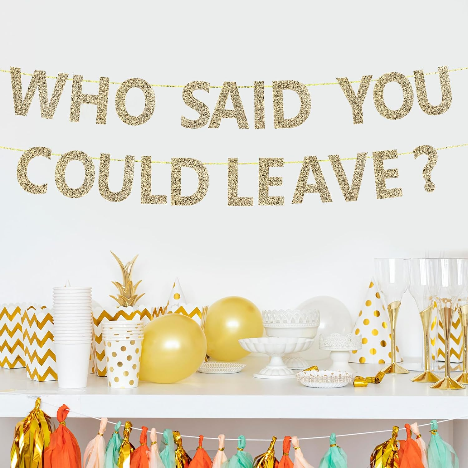 WHO SAID YOU COULD LEAVE Banner Funny Retirement Banner Retirement Party Decorations Farewell Banner Supplies for Leaving Work Colleague (Gold) image number 4