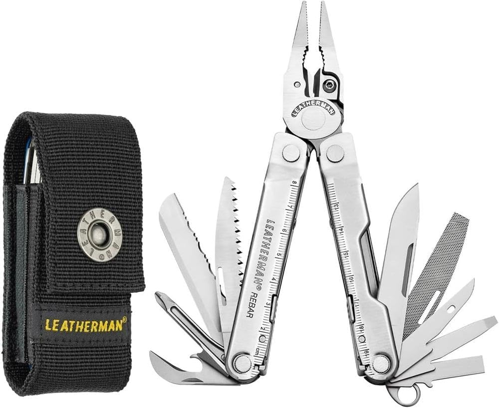 Leatherman Rebar Multi-Tool - 17 All-Tools for DIY & Camping, Black Stainless Steel with Black Nylon Holster, Silver