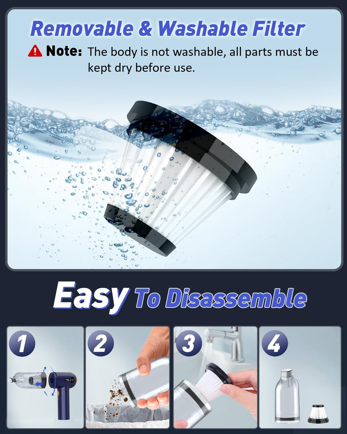 Musclez Car Vacuum Cleaner, 15000PA Mini Portable Handheld Car Vacuum Rechargeable Dust Buster, Wireless Air Blower, LED Display Powerful Cordless Vacuum Cleaner for Home Pet Hair Office(Blue Gray) image number 5