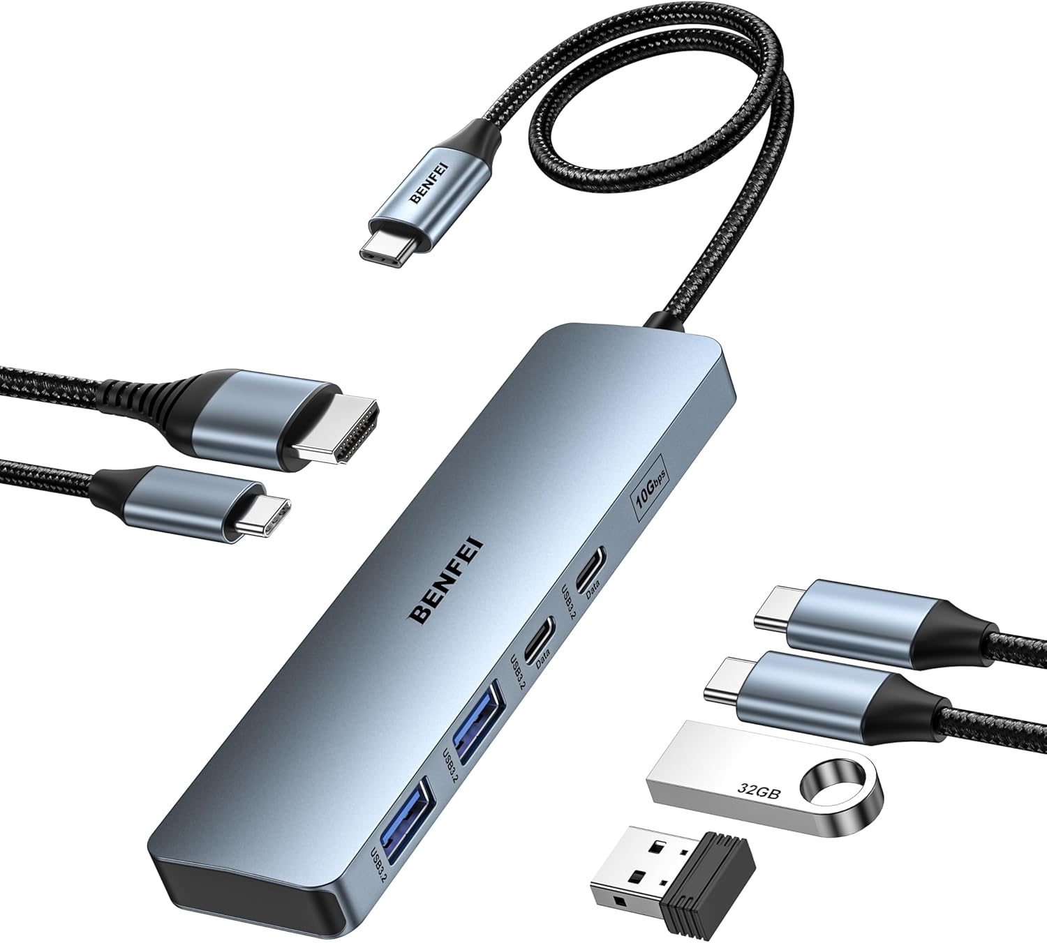 BENFEI USB C HUB 6-In-1 with Hdmi(4K@60Hz), 100W Power Delivery, 10Gbps 2*USB-A and 2*USB-C, Silicone Cable, Aluminum Case Compatible with Iphone 15 Pro/Max, Macbook, Ipad Pro, Imac, S23, XPS17 image number 2