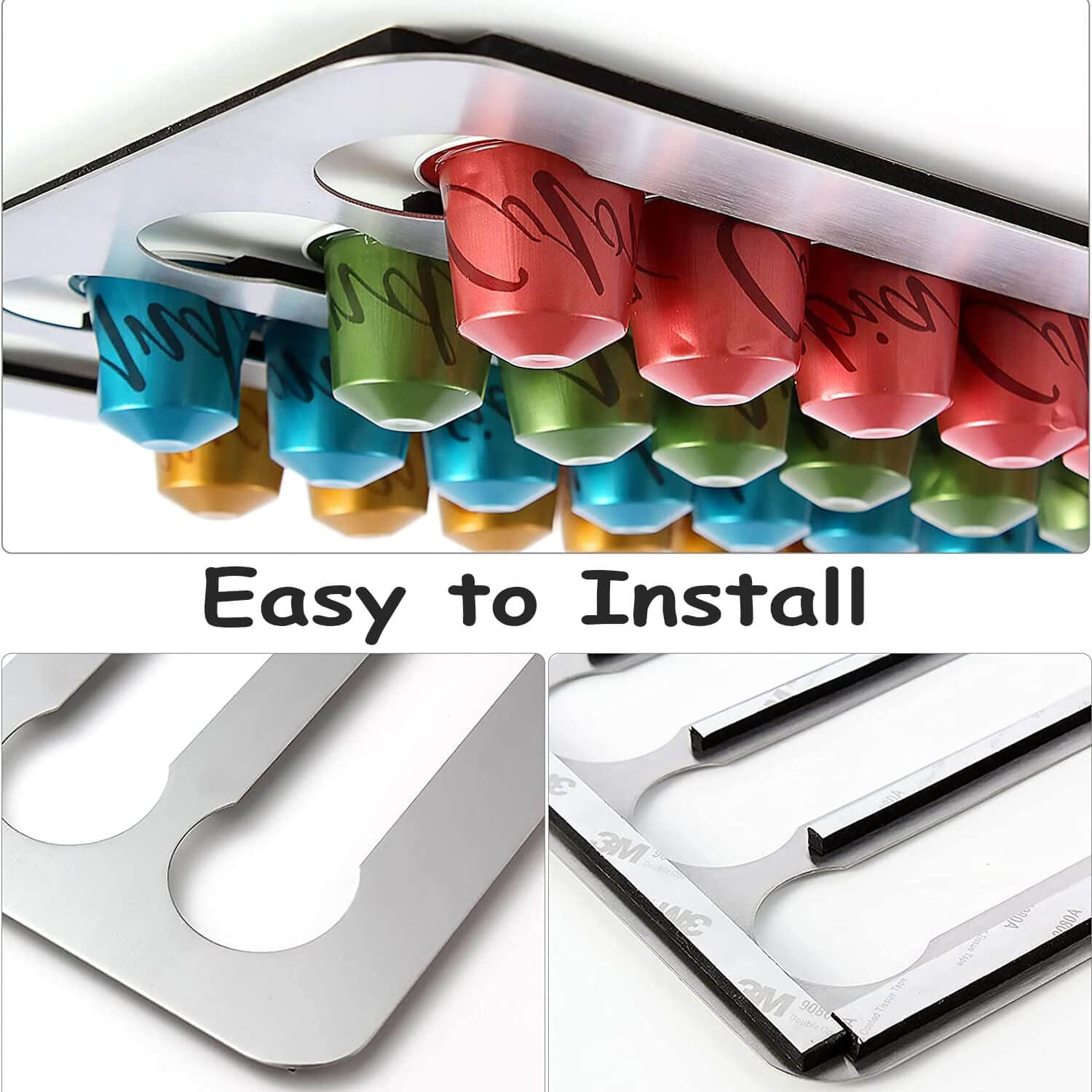 Coffee Pod Holder Organizer Compatible with Nespresso Line, Stainless Steel Capsule Holder 41X 22Cm Holds 40 Pods for Kitchen Wall, Cabinets, Adhesive (Original Line)