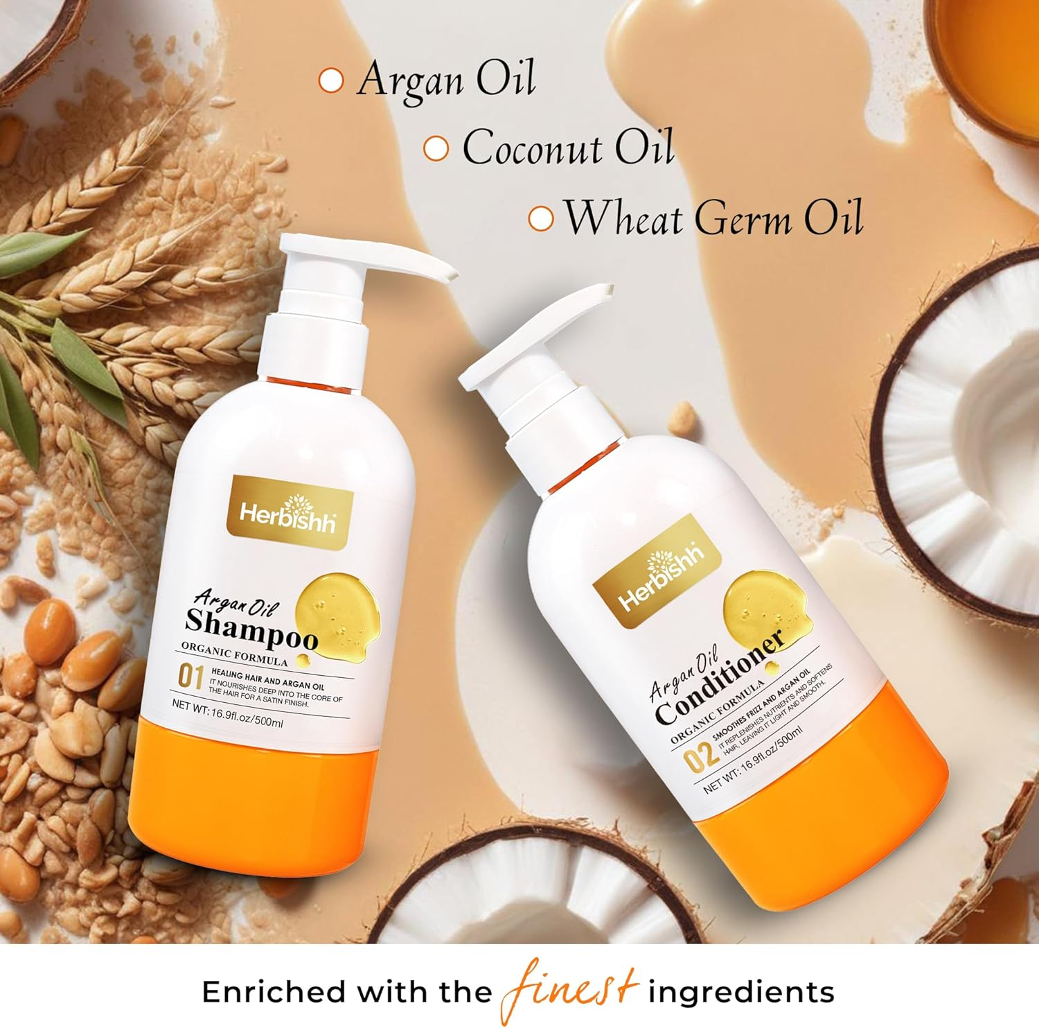 Herbishh Argan Oil Shampoo & Conditioner, Deep Cleansing & Promotes Hair Growth, Repairs Dry, Damaged Hair, UV Protection, with Shea Butter, Jojoba, Coconut Oil for Frizzy Colored Hair 16.9Fl.Oz Each - Shampoo+Conditioner+Hmask Set image number 5