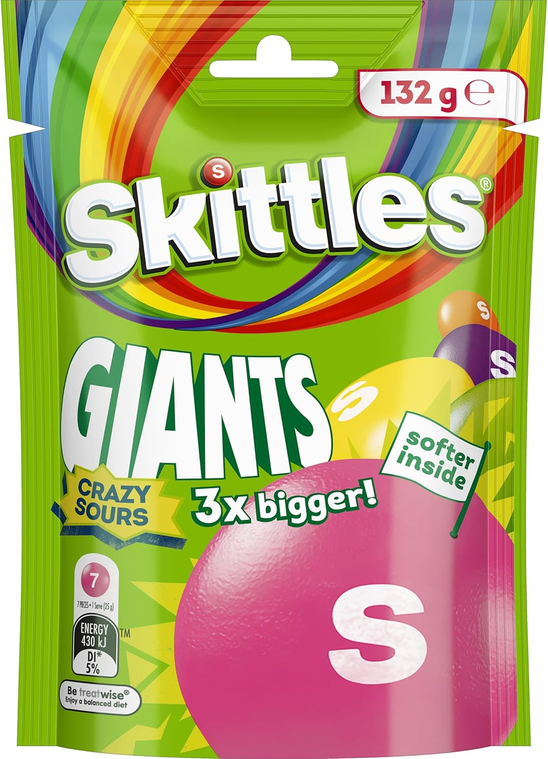 Skittles Giants Crazy Sours Chewy Lollies Snack Bag 132G image number 6