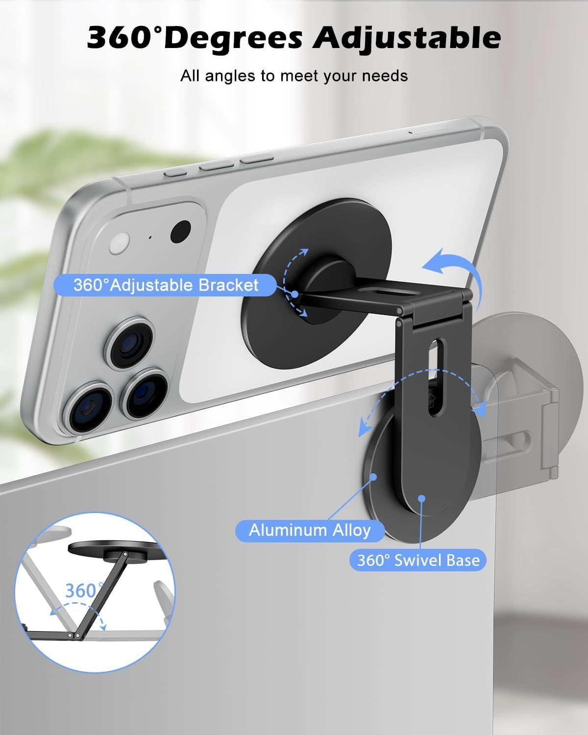 Cloudvalley Magnetic Laptop Phone Holder, 360&deg; Rotating Mount Compatible with Iphone Magsafe and All Phones, Macbook, PC Monitor, Screen Stand for Tesla, Portable Accessory, Black - Grey image number 7