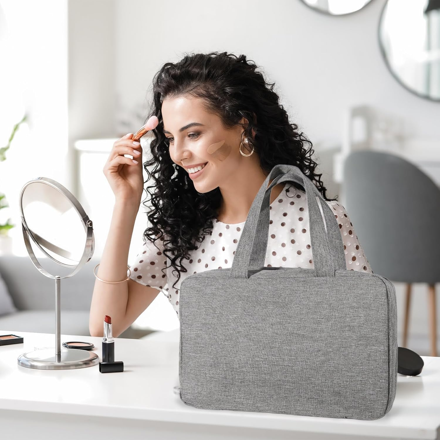 Travel Toiletry Bag with Hanging Hook - Spacious Makeup Organizer,Travel Essentials for Women & Men,Big Comparment, Waterproof for Shampoo, Conditioner, Brushes Set, Makeup Accessories, Grey image number 1