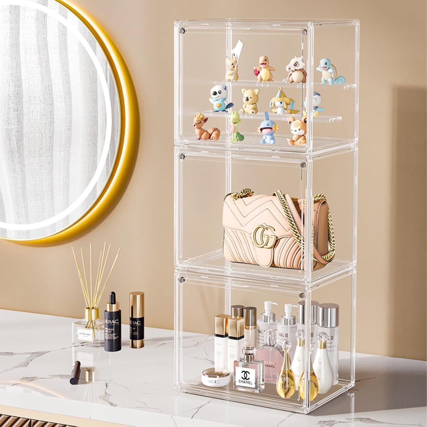 UONNO Acrylic Display Case 4 Tiers, Dustproof Box Clear Collectibles Storage Box with 3 Adjustable Dividers for Pop Figures Badge Toys image number 4