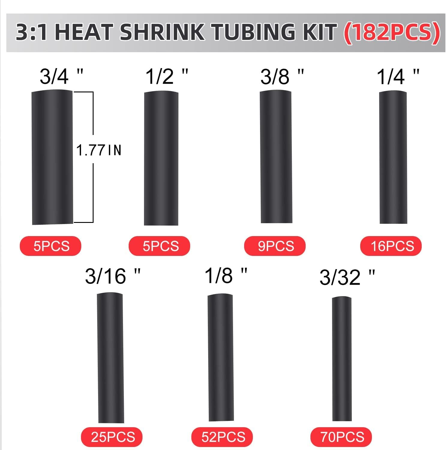 182 PCS Wire Heat Shrink Tubing Kit - Adhesive Lined, 3:1 Ratio, Waterproof - Insulation Tube, Marine Grade, Industrial Electrical Tube Cable Wrap, Black image number 1