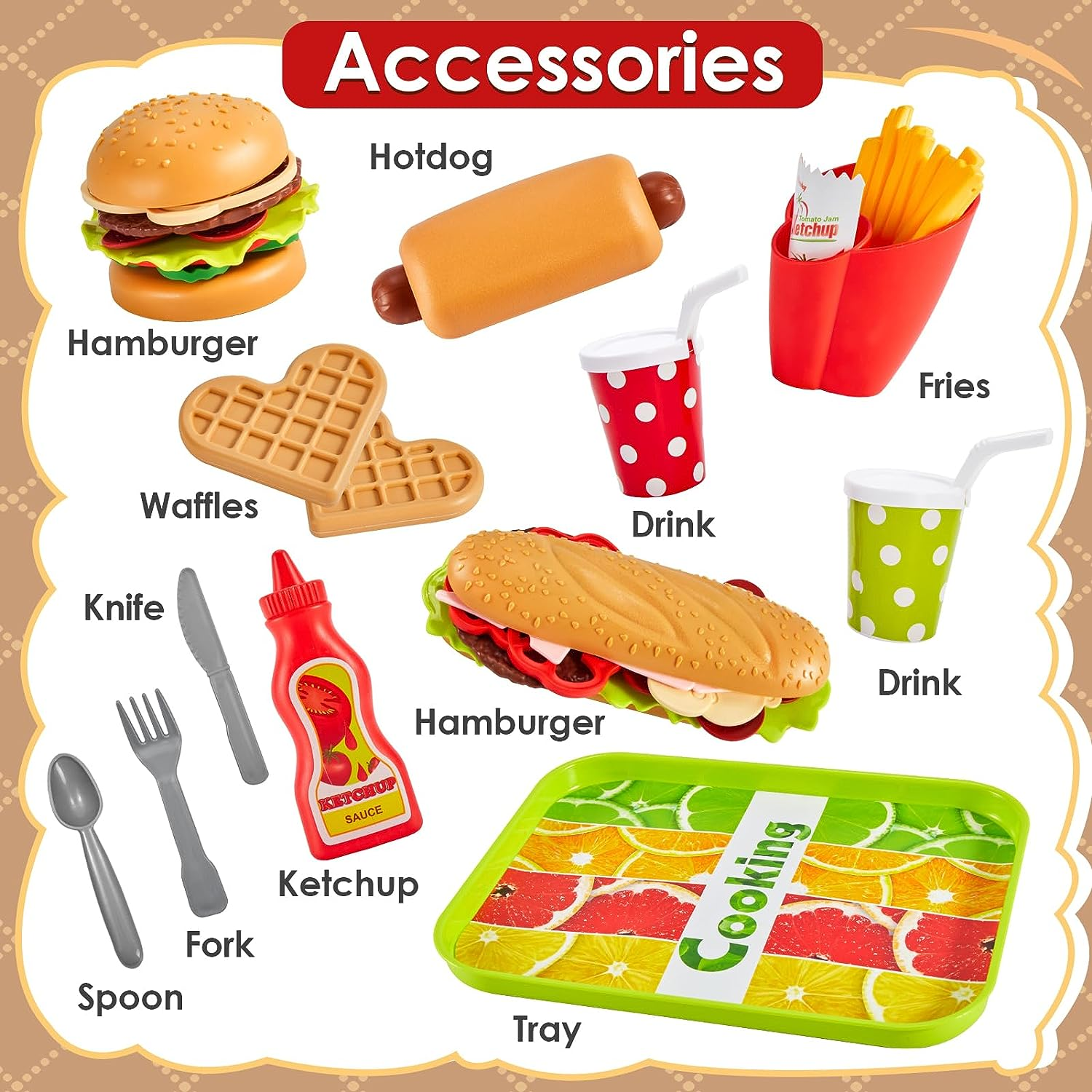 BUYGER Children'S Kitchen Play Kitchen Accessories for Children, Hamburger Fast Food Grill Accessories Toy, Mud Kitchen Children Outdoor, Role Play Gift image number 1