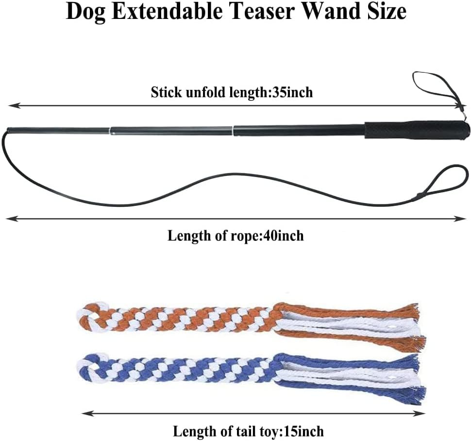 ASOCEA Stimulator Dog Flirt Bar for Dogs Extendable Teaser Wand Interactive Toy for Outdoor Use with 2 Tails Chewing Cotton Rope Hunting for Small Medium Large Dogs