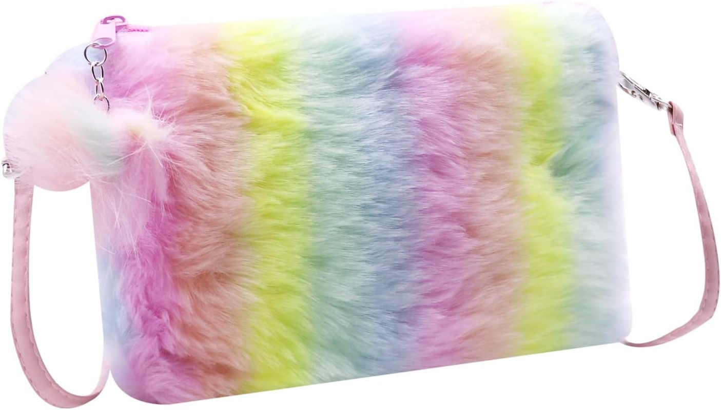 Kids Girls Fluffy Crossbody Purse Fuzzy Bag Plush Tie Dye Rainbow Shoulder Bag Handbag Wallet image number 6
