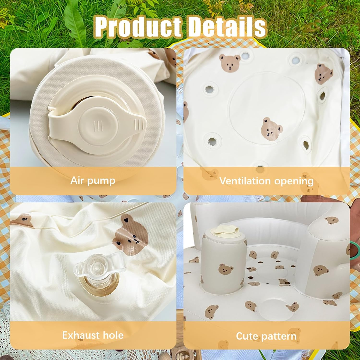 Inflatable Baby Seat, Portable Blow up Support Infant Seat with Built in Air Pump Blow up Baby Chair for Learning to Sit and Feeding (Bear) image number 5