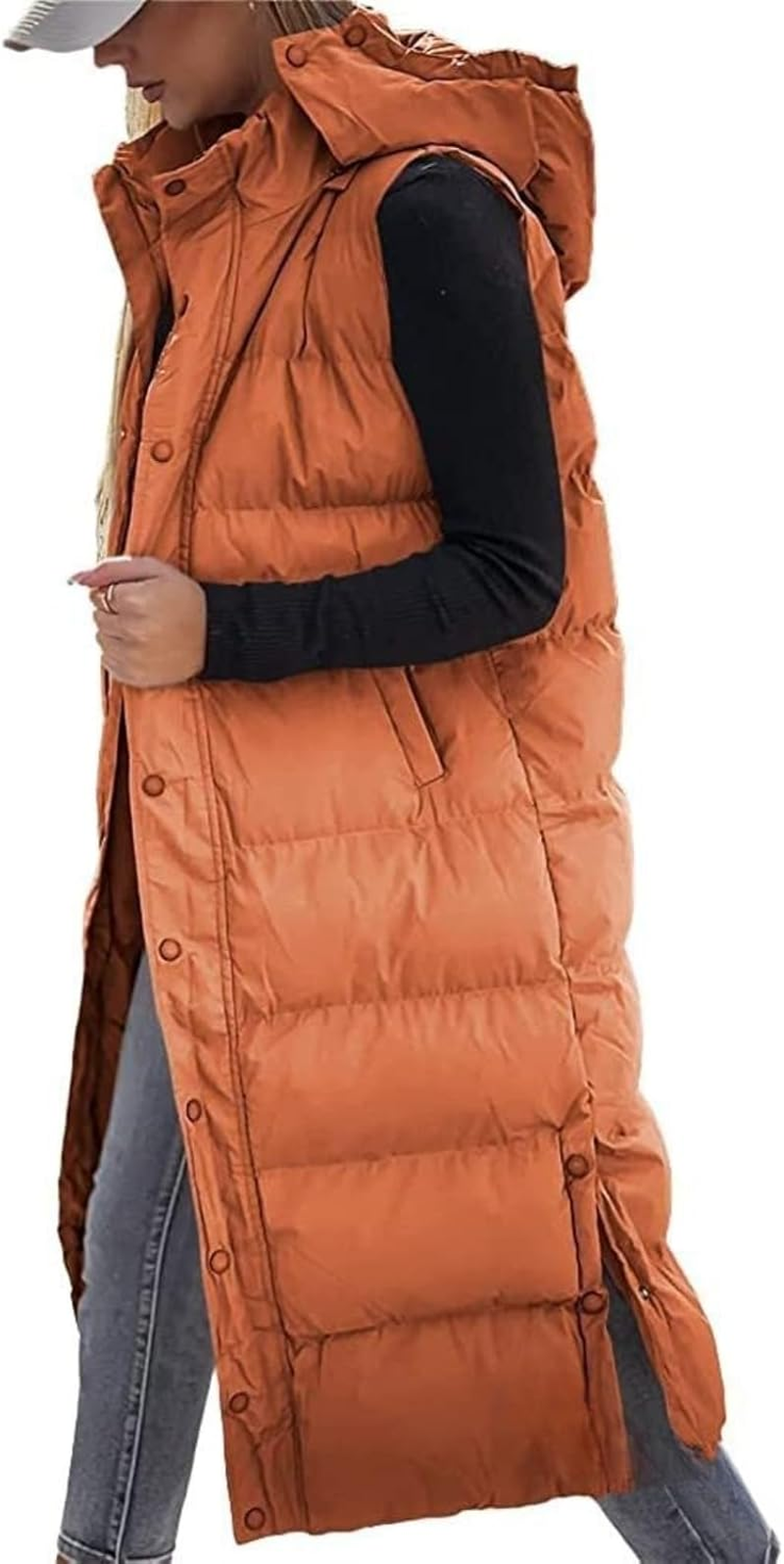 Long Puffer Vest Women, 2025 Hooded Button down Quilted Vest Women, Fashionable Versatile, Lightweight Puffy image number 7