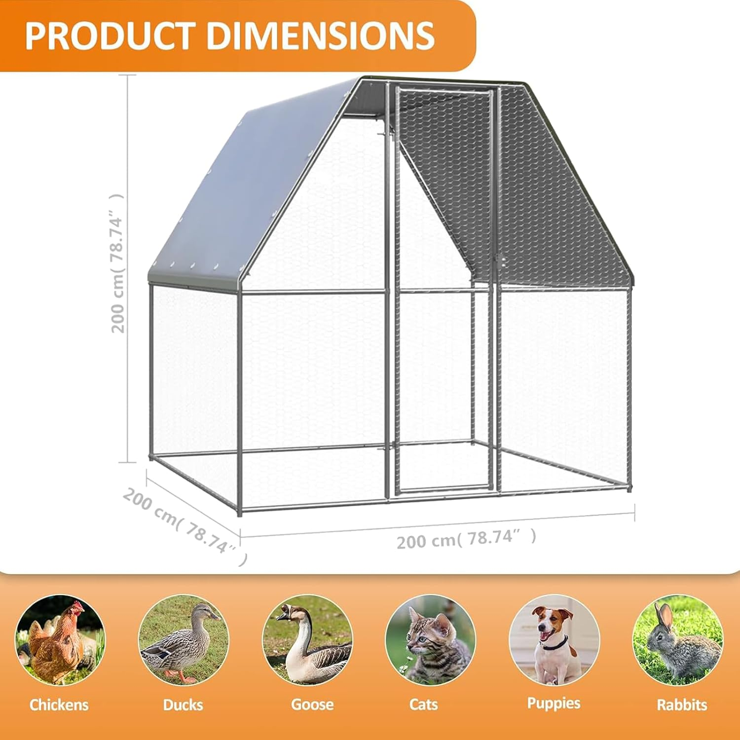 Metal Chicken Coop 2X2X2M Chicken Runs with Cover,Duck Coop Cage for Outdoor Backyard Farm Rabbit Small Animal Dog Poultry Cat Hutch image number 1
