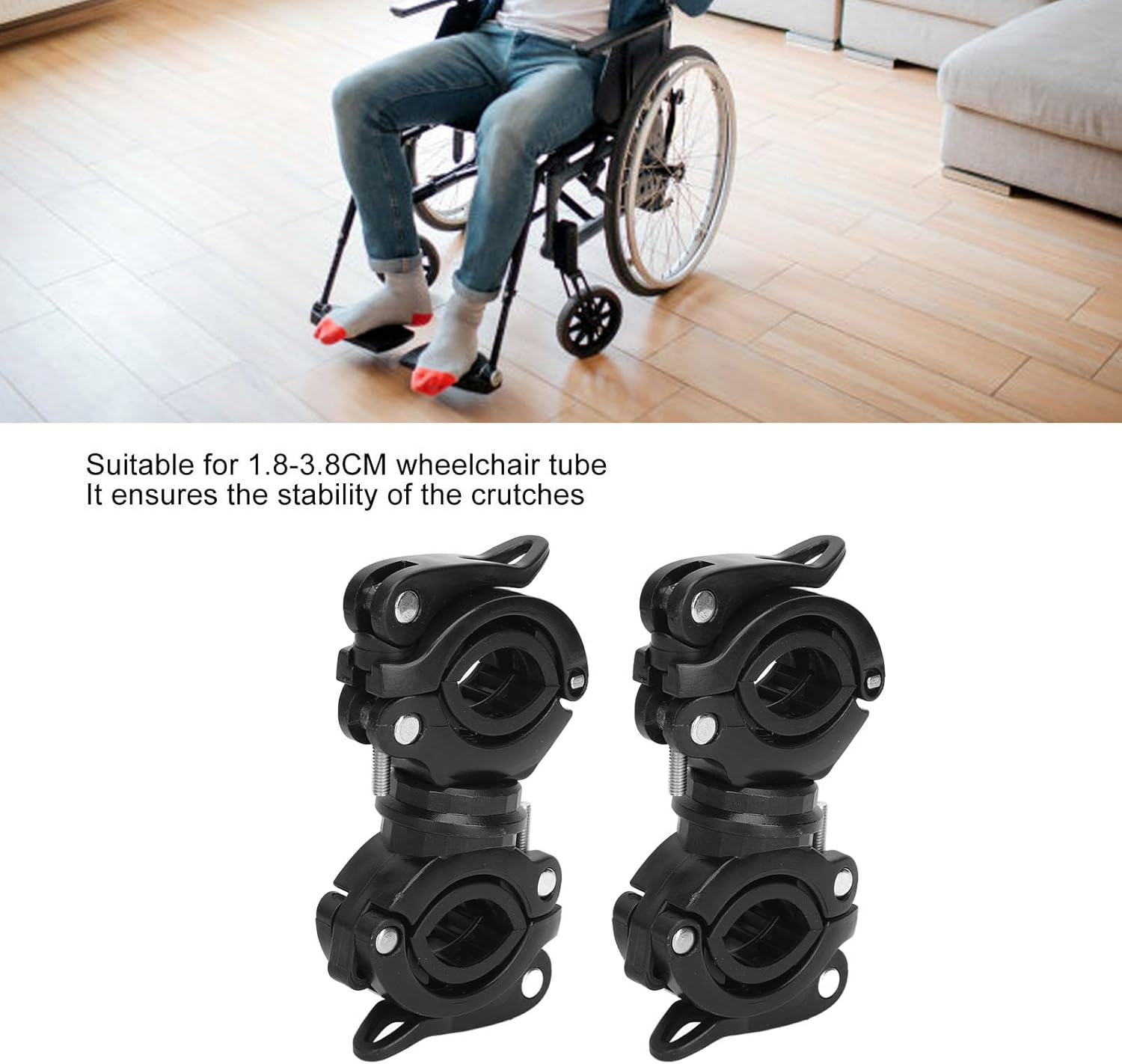 2 Pack Cane Holder, Adjustable Walking Stick Holder for Wheelchair 1.8‑3.8Cm Wheelchair Tube, Universal Crutches Stick Bracket Accessories for Wheelchair, Mobility Scooter (Black) image number 5