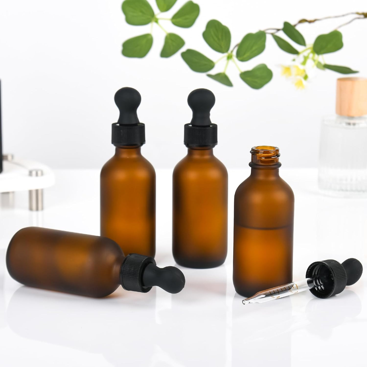 12 Pack Frosted Amber Dropper Bottles, 2Oz/60Ml Glass Tincture Bottles with Measured Eye Dropper, Leak Proof Travel Bottles for Essential Oils/Chemistry Lab Chemicals/Colognes & Perfumes image number 2