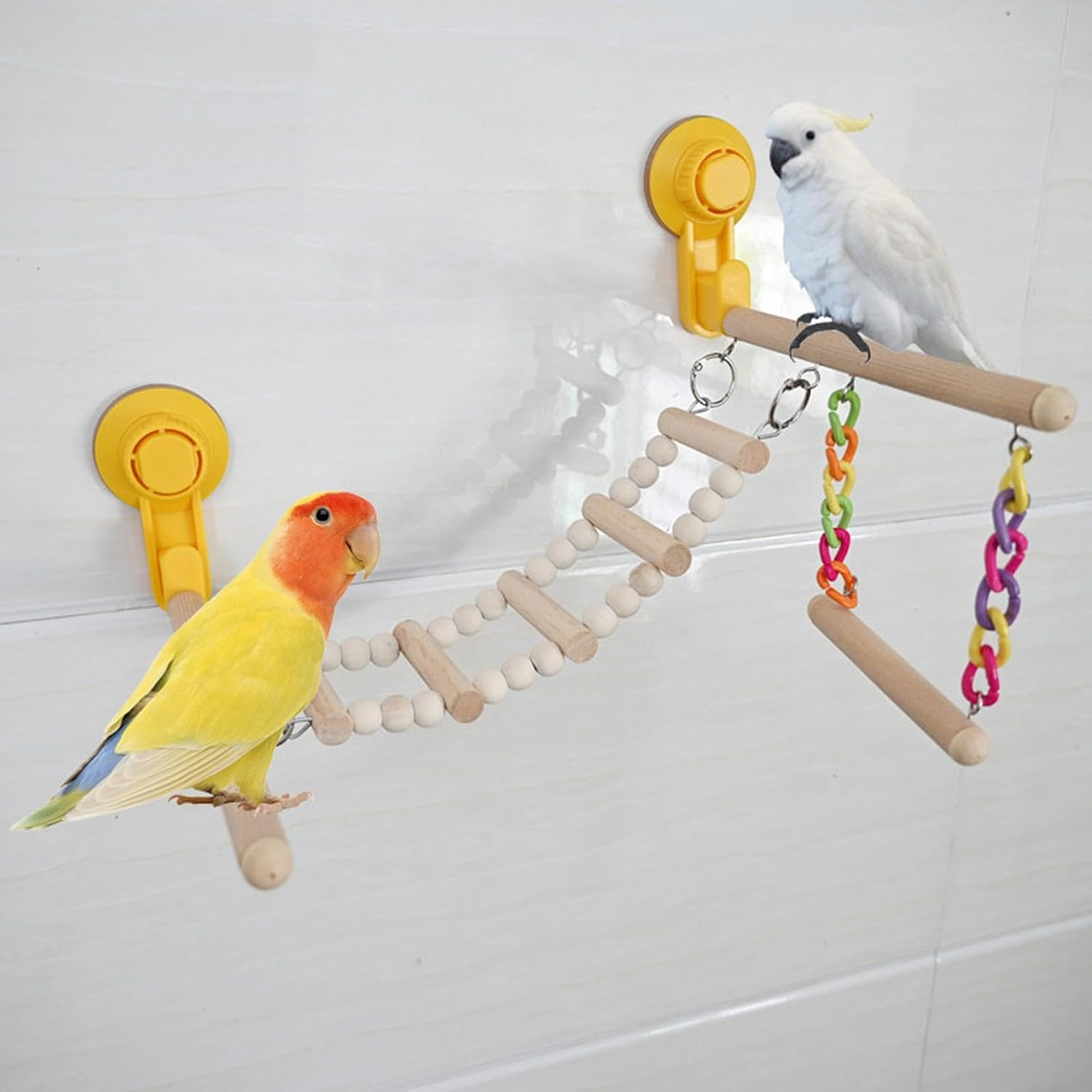 Perfk Suction Cup Wood Perch Toy Activity Center Birdcage Accessories Window and Shower Perch Toys Ladder for Bluebirds Cockatiel image number 2