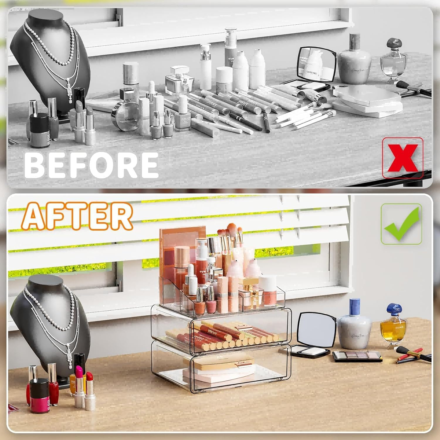 3-Tier Clear Stackable Acrylic Makeup Organizer with Drawer, Vanity Bathroom Countertop Cosmetic Display & Storage Case for Lipstick Brushes Skincare Perfume Jewellery Nail Polish image number 3