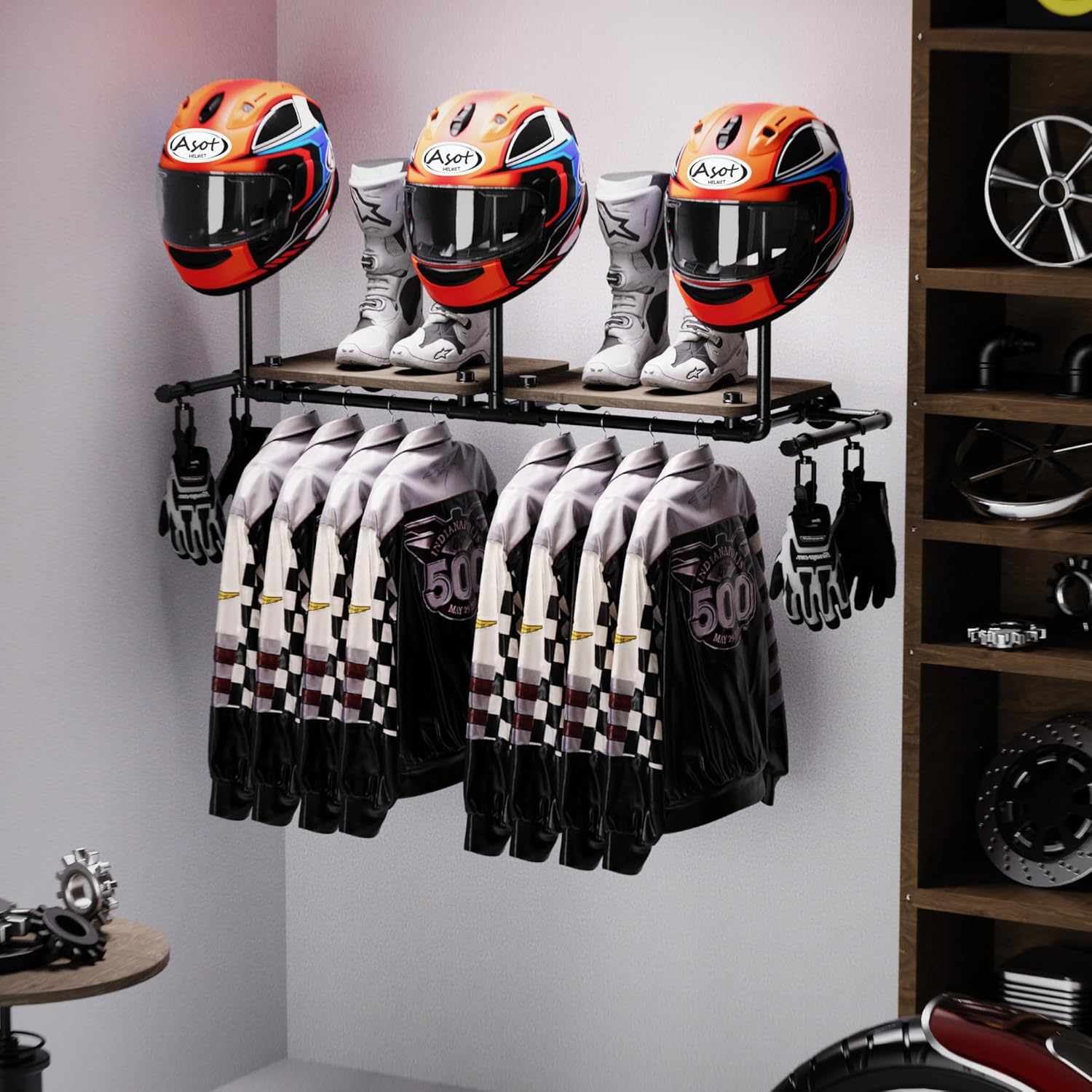 Double Motorcycle Helmet Holder Wall Mount, Helmet Hanger and Jacket Holder Wall Mount, Riding Gear Display Rack with 4 Hooks, Helmet Stand for Accesories Storage (3 Helmets) image number 4