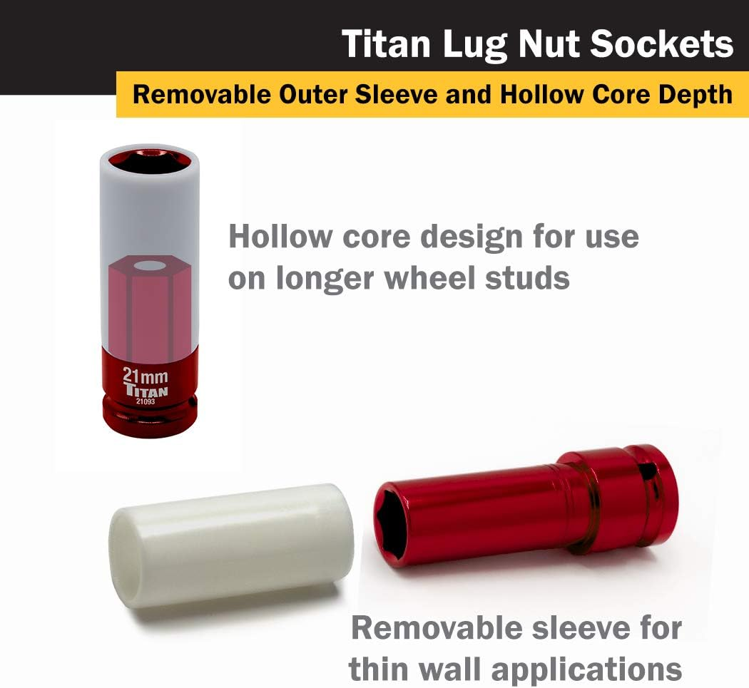 Titan 21183 3-Piece 1/2-Inch Drive Non-Marring Impact Deep Lug Nut Socket Set, Includes 17Mm, 19Mm, and 21Mm image number 3