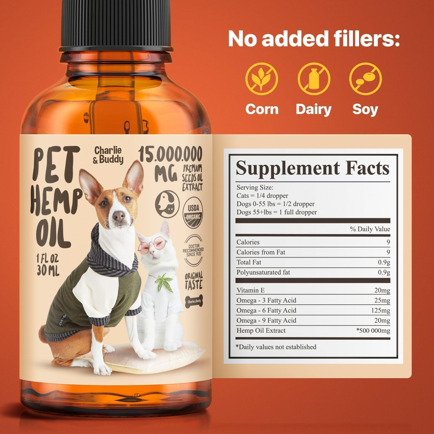Charlie Buddy - Oil for Dogs Cats - Hip and Joint Support and Skin Health - Anxiety, Calm, Pain - Omega 3, 6, 9 and Vitamins B, C, E